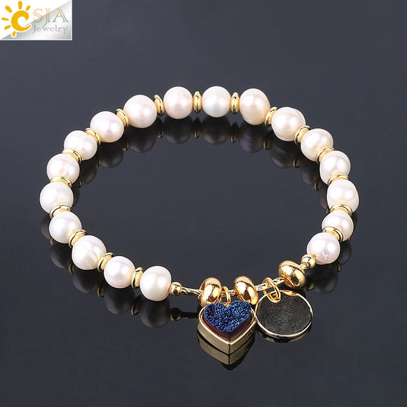 Natural Stone Beaded Bracelet For Women With Crystal Cluster Heart Charm Gold Plated Elastic Fashion Jewelry