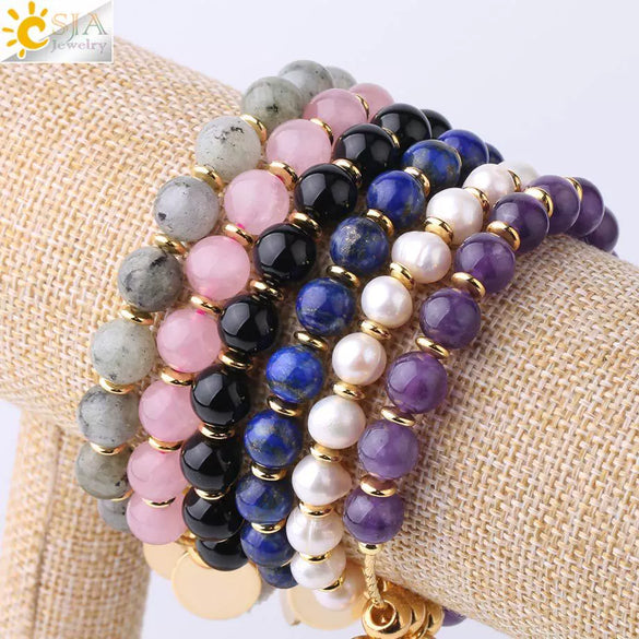 Natural Stone Beaded Bracelet For Women With Crystal Cluster Heart Charm Gold Plated Elastic Fashion Jewelry