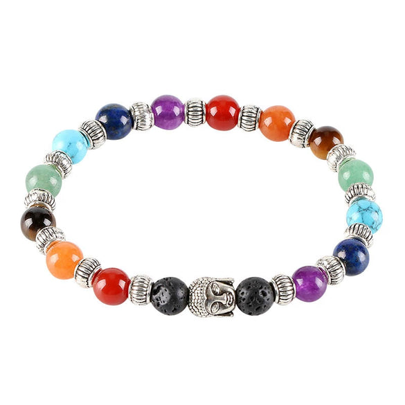 Natural Stone Beaded Bracelet With Antique Silver Tone Alloy Accents And Volcanic Rock Style Colorful Beads For Women And Unisex Wear