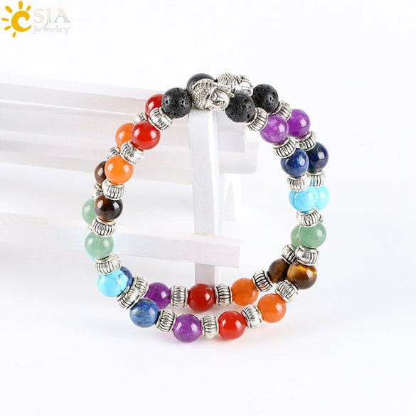 Natural Stone Beaded Bracelet With Antique Silver Tone Alloy Accents And Volcanic Rock Style Colorful Beads For Women And Unisex Wear