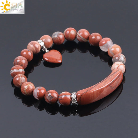 Natural Stone Beaded Bracelet With Heart Pendant Round Beads Elastic Rope Unisex Bracelet