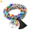 Natural Stone Beaded Multi Loop Wrap Bracelet With Tree Of Life Charm Elastic Electroplated Alloy Jewelry For Unisex