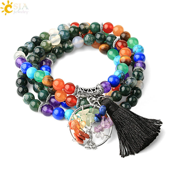 Natural Stone Beaded Multi Loop Wrap Bracelet With Tree Of Life Charm Elastic Electroplated Alloy Jewelry For Unisex