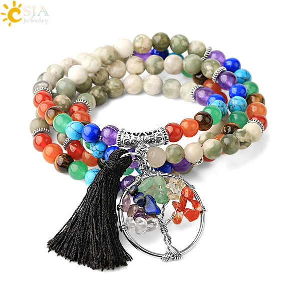 Natural Stone Beaded Multi Loop Wrap Bracelet With Tree Of Life Charm Elastic Electroplated Alloy Jewelry For Unisex