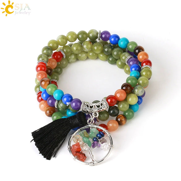 Natural Stone Beaded Multi Loop Wrap Bracelet With Tree Of Life Charm Elastic Electroplated Alloy Jewelry For Unisex