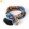 Natural Stone Beaded Multi Loop Wrap Bracelet With Tree Of Life Charm Elastic Electroplated Alloy Jewelry For Unisex