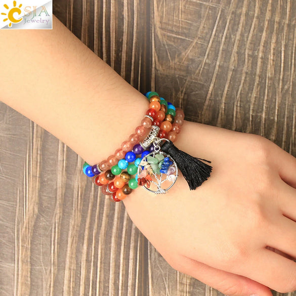 Natural Stone Beaded Multi Loop Wrap Bracelet With Tree Of Life Charm Elastic Electroplated Alloy Jewelry For Unisex