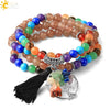 Natural Stone Beaded Multi Loop Wrap Bracelet With Tree Of Life Charm Elastic Electroplated Alloy Jewelry For Unisex
