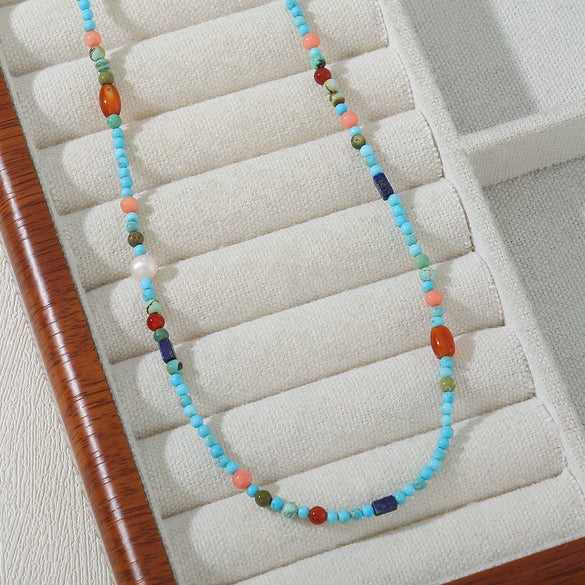 Natural Stone Beaded Necklace Handmade With Blue Pine Lapis Lazuli Red Agate Natural Freshwater Pearls Stainless Steel Geometric Style