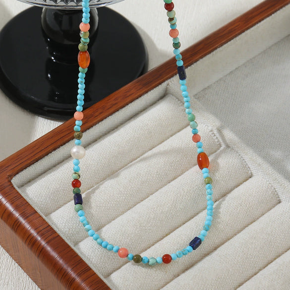 Natural Stone Beaded Necklace Handmade With Blue Pine Lapis Lazuli Red Agate Natural Freshwater Pearls Stainless Steel Geometric Style