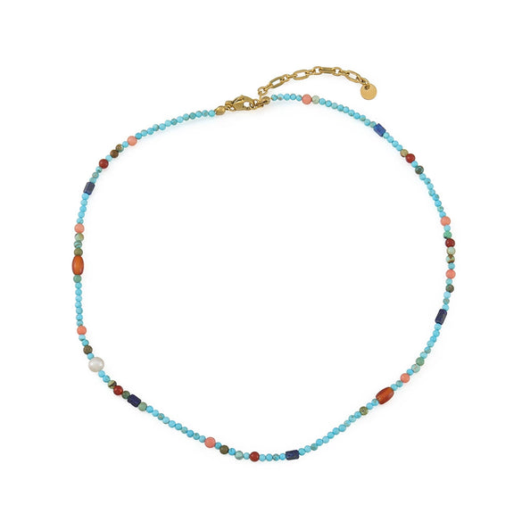 Natural Stone Beaded Necklace Handmade With Blue Pine Lapis Lazuli Red Agate Natural Freshwater Pearls Stainless Steel Geometric Style
