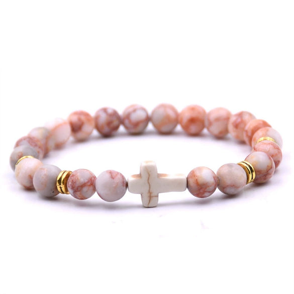 Natural Stone Cross Bracelet Fashion Unisex Beaded Bracelet With White Turquoise And Multicolor Options
