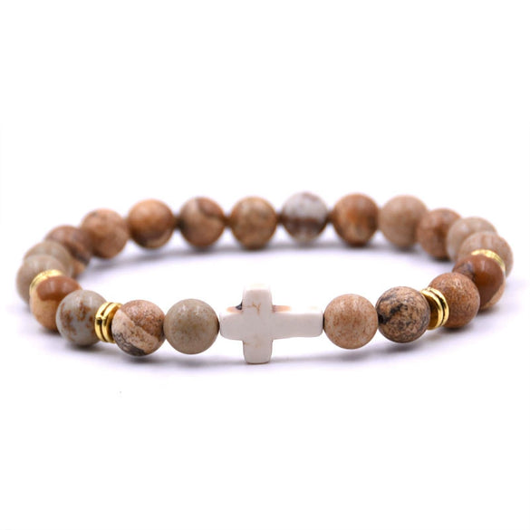 Natural Stone Cross Bracelet Fashion Unisex Beaded Bracelet With White Turquoise And Multicolor Options