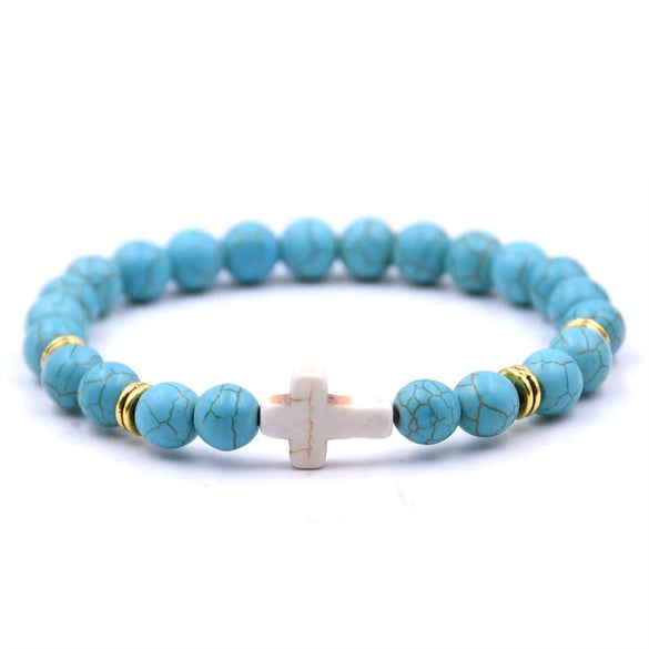 Natural Stone Cross Bracelet Fashion Unisex Beaded Bracelet With White Turquoise And Multicolor Options