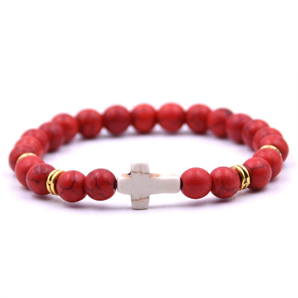 Natural Stone Cross Bracelet Fashion Unisex Beaded Bracelet With White Turquoise And Multicolor Options