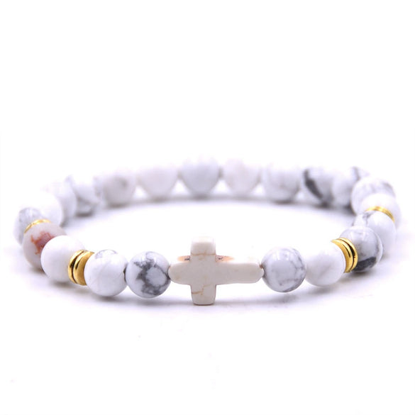 Natural Stone Cross Bracelet Fashion Unisex Beaded Bracelet With White Turquoise And Multicolor Options