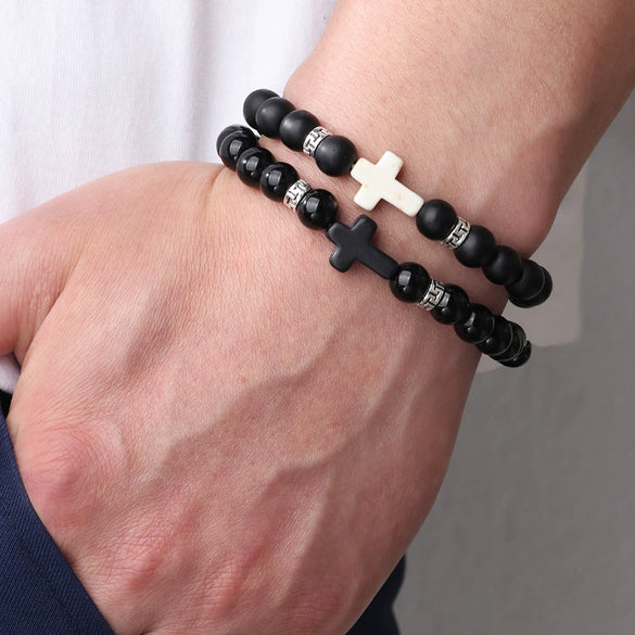 Natural Stone Cross Handwoven Bracelet Retro Vintage Unisex Jewelry