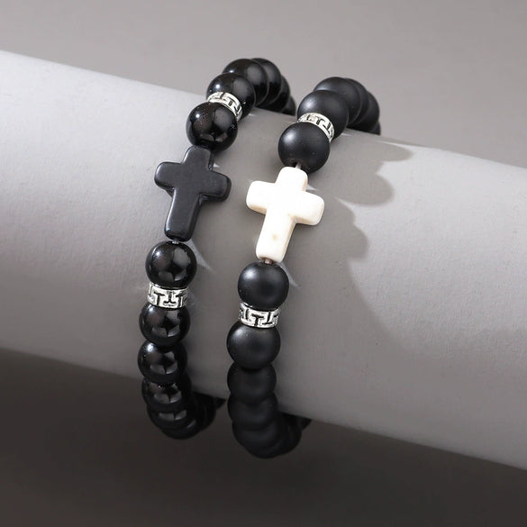 Natural Stone Cross Handwoven Bracelet Retro Vintage Unisex Jewelry