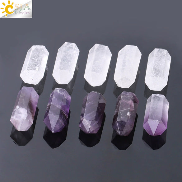 Natural Stone Crystal Column Ornament White Crystal And Amethyst Hexagonal Point Decorative Display Piece