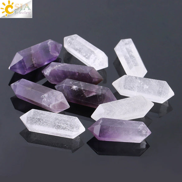Natural Stone Crystal Column Ornament White Crystal And Amethyst Hexagonal Point Decorative Display Piece