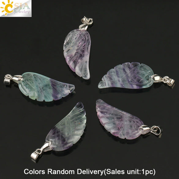 Natural Stone Crystal Pendant Necklace With Hand Cut Green Fluorite Angel Wings On Ball Chain Simple Unisex Fashion Jewelry