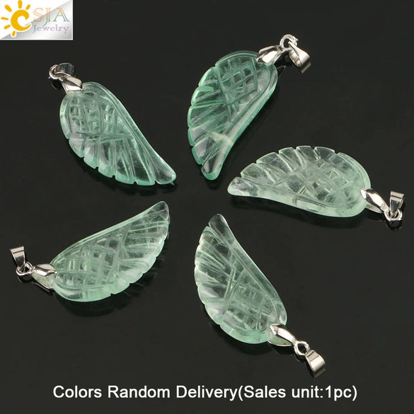 Natural Stone Crystal Pendant Necklace With Hand Cut Green Fluorite Angel Wings On Ball Chain Simple Unisex Fashion Jewelry