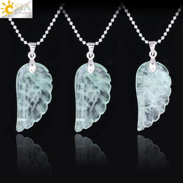 Natural Stone Crystal Pendant Necklace With Hand Cut Green Fluorite Angel Wings On Ball Chain Simple Unisex Fashion Jewelry