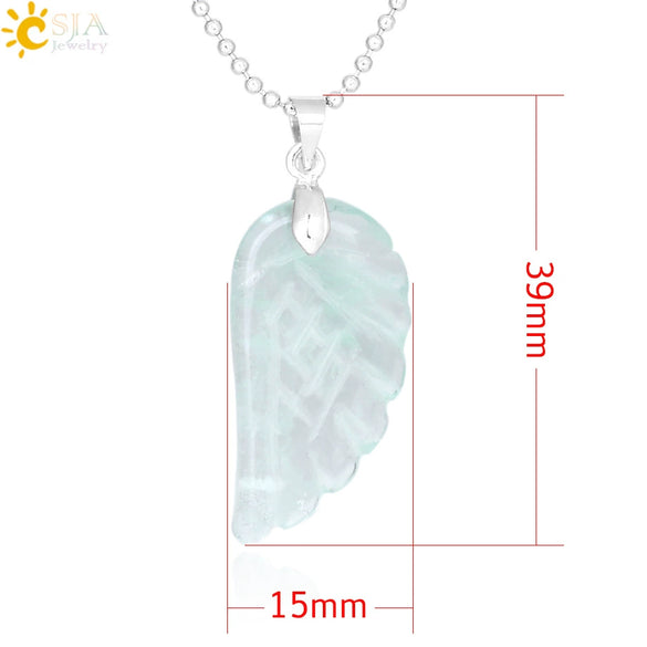 Natural Stone Crystal Pendant Necklace With Hand Cut Green Fluorite Angel Wings On Ball Chain Simple Unisex Fashion Jewelry