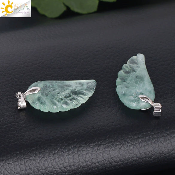 Natural Stone Crystal Pendant Necklace With Hand Cut Green Fluorite Angel Wings On Ball Chain Simple Unisex Fashion Jewelry
