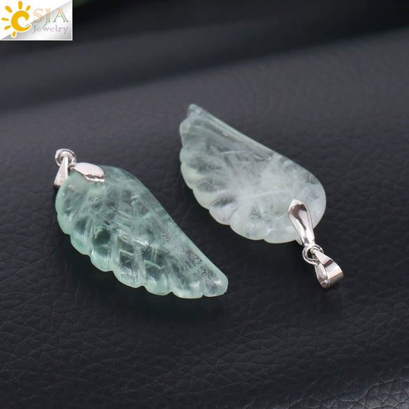 Natural Stone Crystal Pendant Necklace With Hand Cut Green Fluorite Angel Wings On Ball Chain Simple Unisex Fashion Jewelry