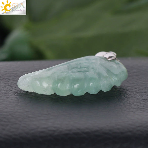 Natural Stone Crystal Pendant Necklace With Hand Cut Green Fluorite Angel Wings On Ball Chain Simple Unisex Fashion Jewelry