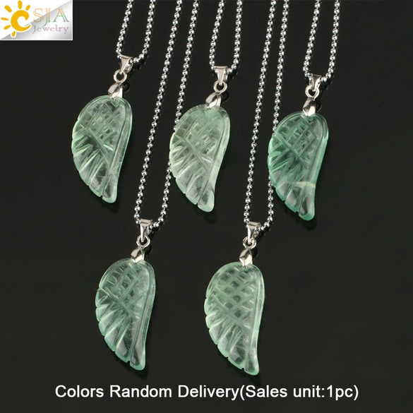 Natural Stone Crystal Pendant Necklace With Hand Cut Green Fluorite Angel Wings On Ball Chain Simple Unisex Fashion Jewelry