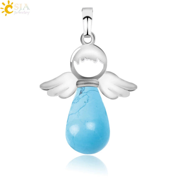 Natural Stone Drop Shaped Pendant Necklace With Polished Copper Angel Wings Creative Personality Jewelry For Women