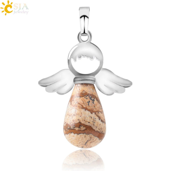Natural Stone Drop Shaped Pendant Necklace With Polished Copper Angel Wings Creative Personality Jewelry For Women