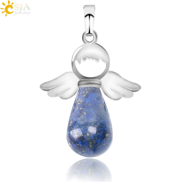 Natural Stone Drop Shaped Pendant Necklace With Polished Copper Angel Wings Creative Personality Jewelry For Women
