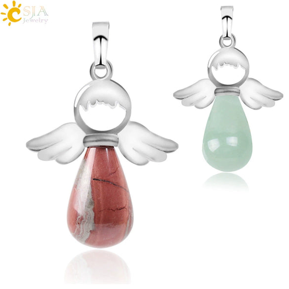 Natural Stone Drop Shaped Pendant Necklace With Polished Copper Angel Wings Creative Personality Jewelry For Women