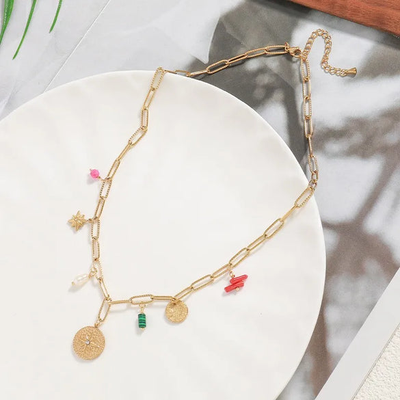 Natural Stone Freshwater Pearl Copper 18K Gold Plated Inlay Round Zircon Pendant Necklace