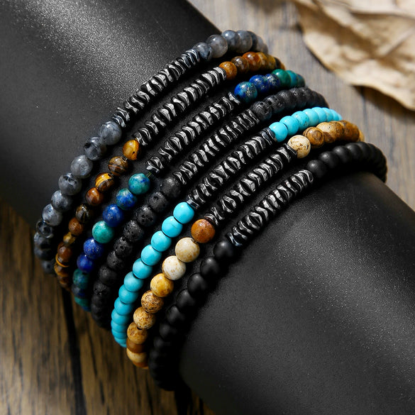 Natural Stone Geometric Pattern Handmade Unisex Beaded Elastic Bracelet