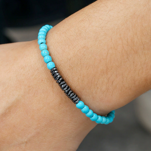 Natural Stone Geometric Pattern Handmade Unisex Beaded Elastic Bracelet