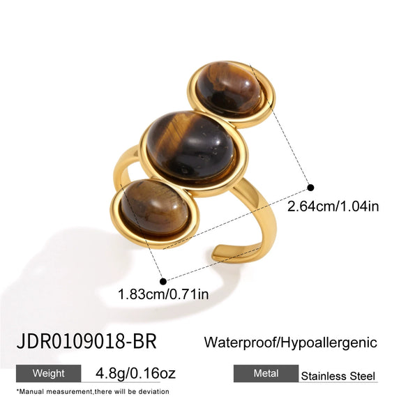 Natural Stone Geometric Ring With Tiger Eye And Lapis Lazuli Pvd Vacuum Gold Plated Stainless Steel Jewelry For Women