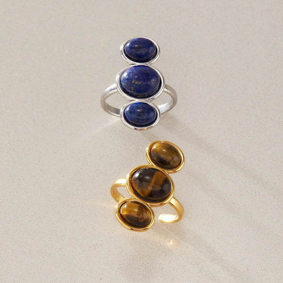 Natural Stone Geometric Ring With Tiger Eye And Lapis Lazuli Pvd Vacuum Gold Plated Stainless Steel Jewelry For Women
