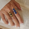 Natural Stone Geometric Ring With Tiger Eye And Lapis Lazuli Pvd Vacuum Gold Plated Stainless Steel Jewelry For Women