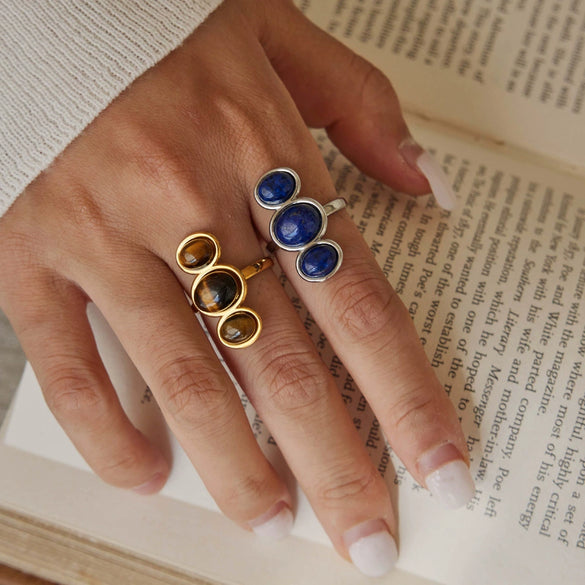 Natural Stone Geometric Ring With Tiger Eye And Lapis Lazuli Pvd Vacuum Gold Plated Stainless Steel Jewelry For Women