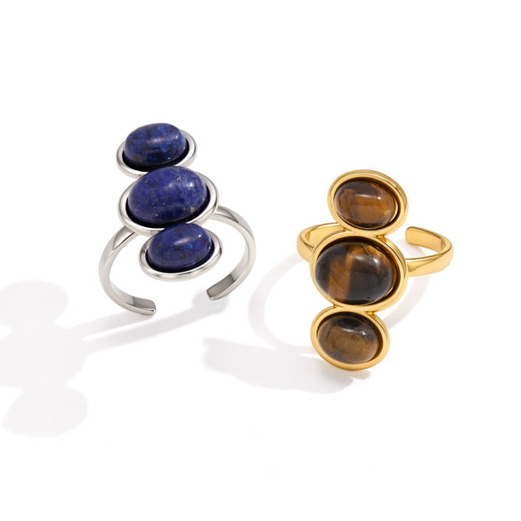 Natural Stone Geometric Ring With Tiger Eye And Lapis Lazuli Pvd Vacuum Gold Plated Stainless Steel Jewelry For Women