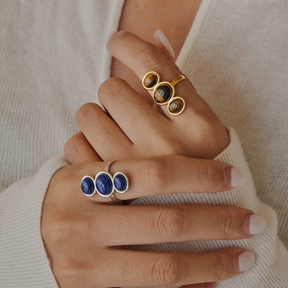Natural Stone Geometric Ring With Tiger Eye And Lapis Lazuli Pvd Vacuum Gold Plated Stainless Steel Jewelry For Women
