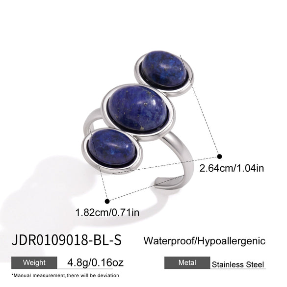 Natural Stone Geometric Ring With Tiger Eye And Lapis Lazuli Pvd Vacuum Gold Plated Stainless Steel Jewelry For Women