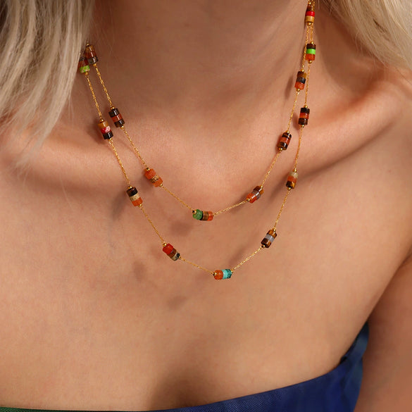 Natural Stone Handmade Beaded Necklace And Bracelet Set Stainless Steel Electroplated Light Luxury Style Women's Jewelry