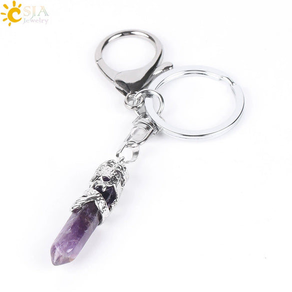 Natural Stone Hexagon Column Keychain With Copper Dragon Wrap Pendant Energy Crystal Key Chain Gift For Men