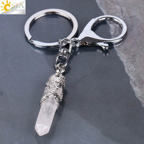 Natural Stone Hexagon Column Keychain With Copper Dragon Wrap Pendant Energy Crystal Key Chain Gift For Men