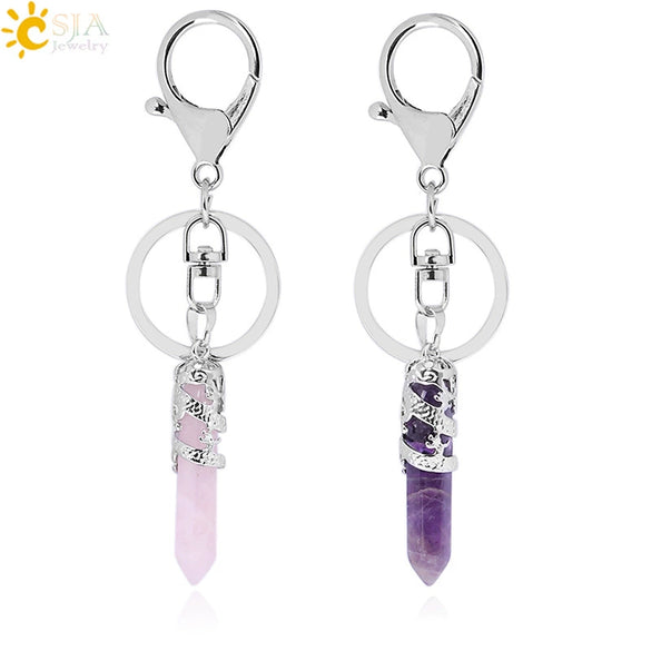 Natural Stone Hexagon Column Keychain With Copper Dragon Wrap Pendant Energy Crystal Key Chain Gift For Men